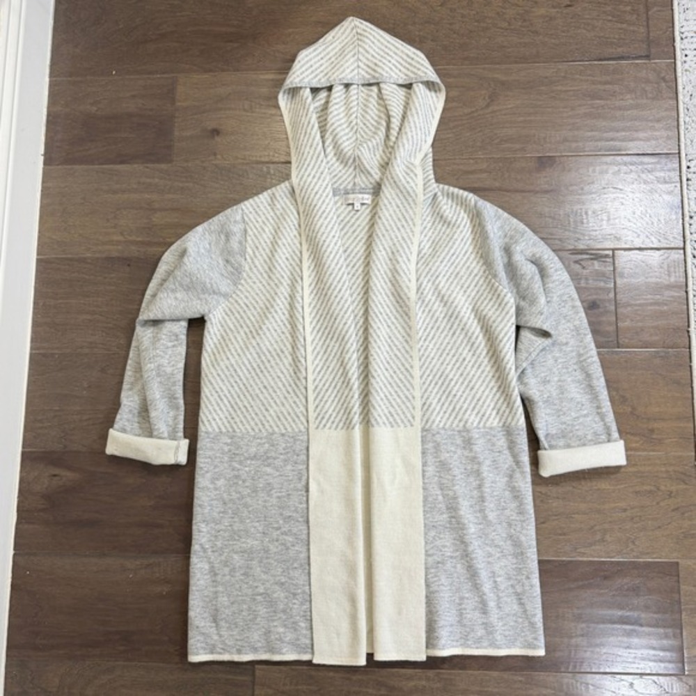 Dolce Stella Women's Hooded Cardigan Sweater Knit Herringbone Cream Grey M‎